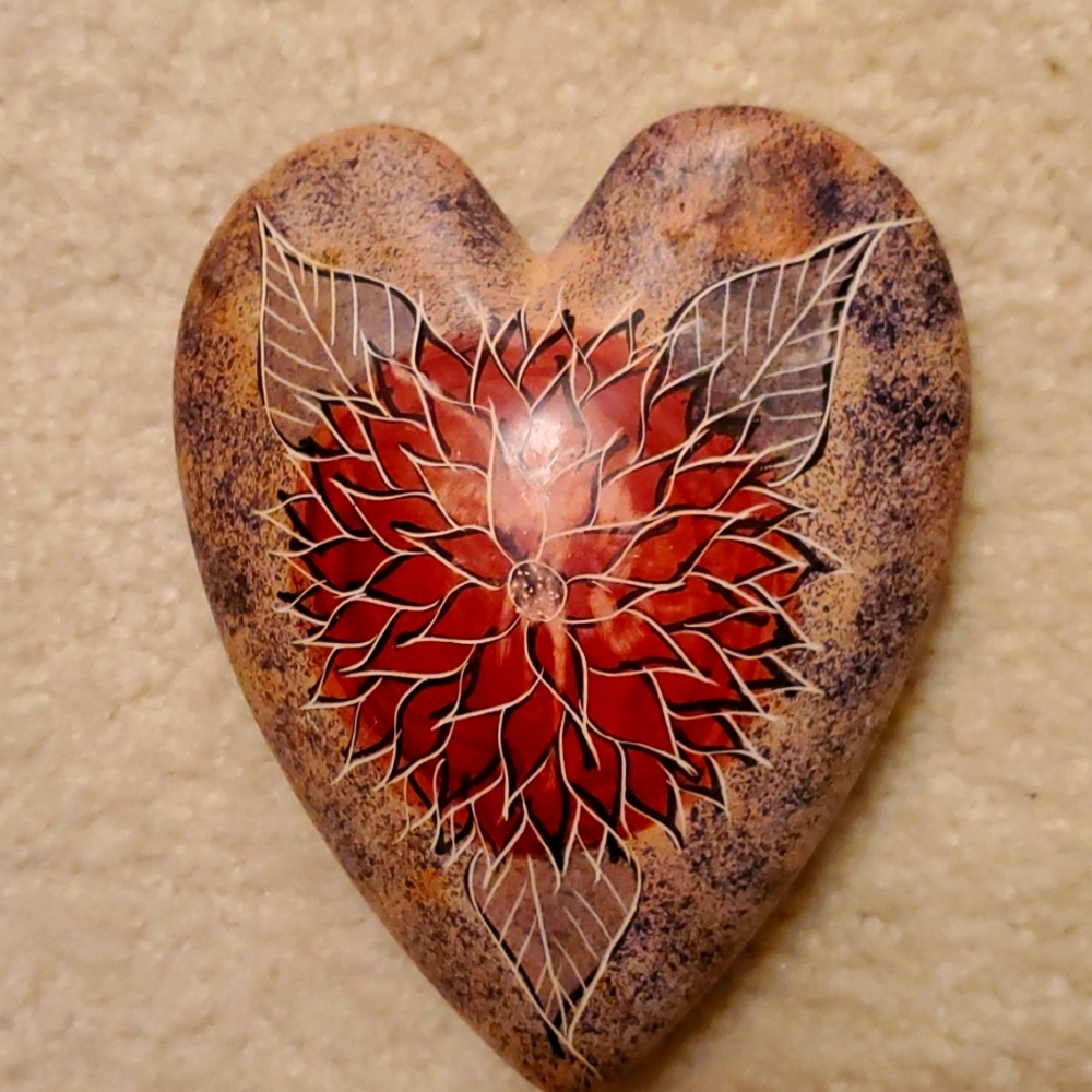 5” Heart Stone Paperweight Art Etched & Painted Both Sides Vintage